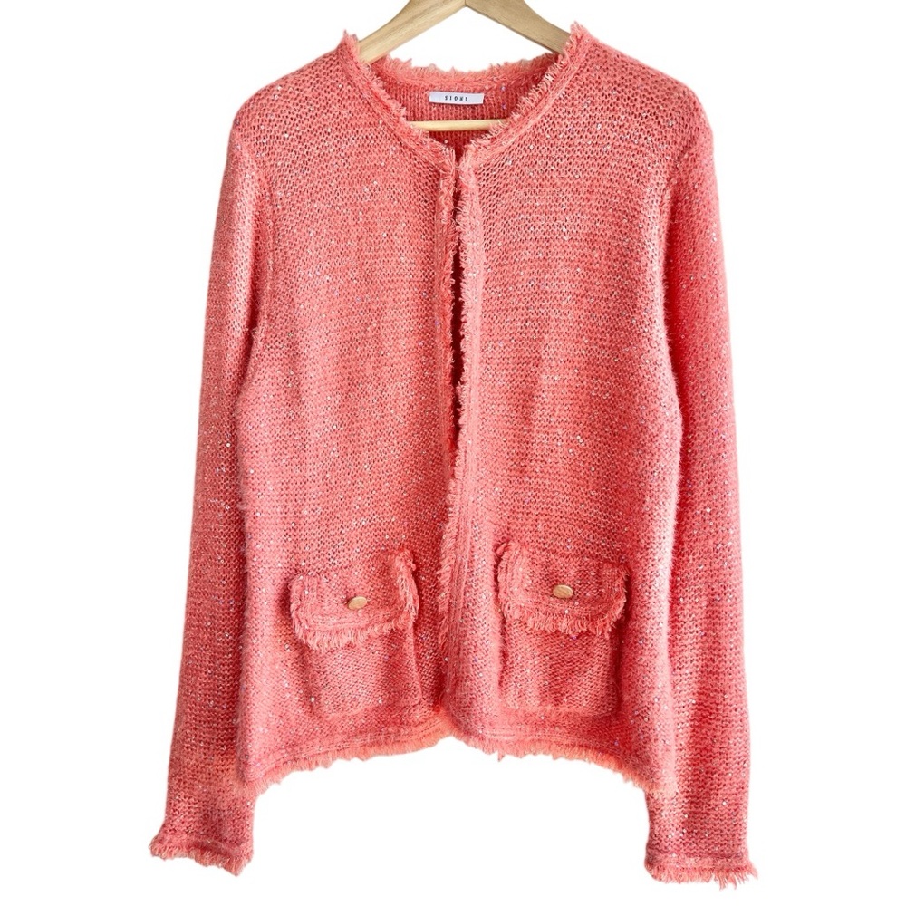 Sioni Cardigan Sweater Size Large Knit Sequin Relaxed Fringe Orange Coral Preppy